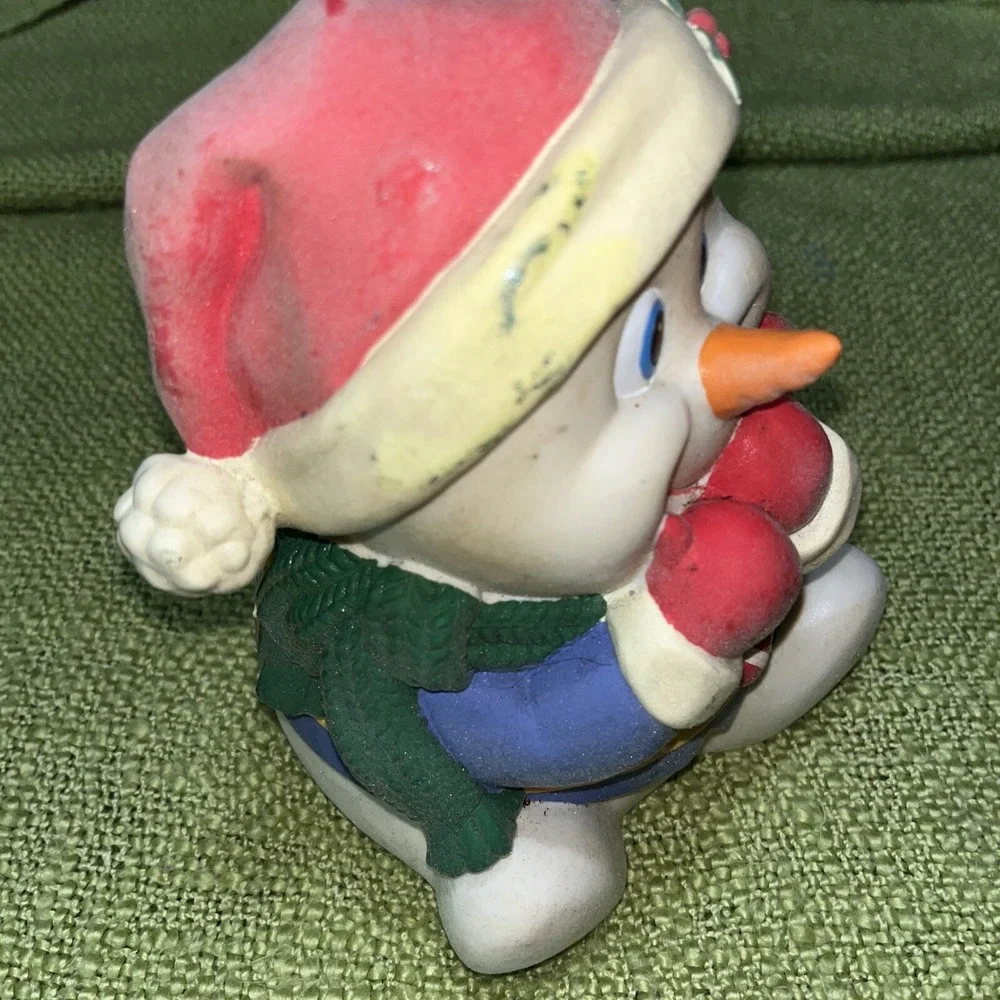 Vintage Snowman Ceramic Coin Bank‎ Christmas Santa Hat Flocked Candy Cane 5.5